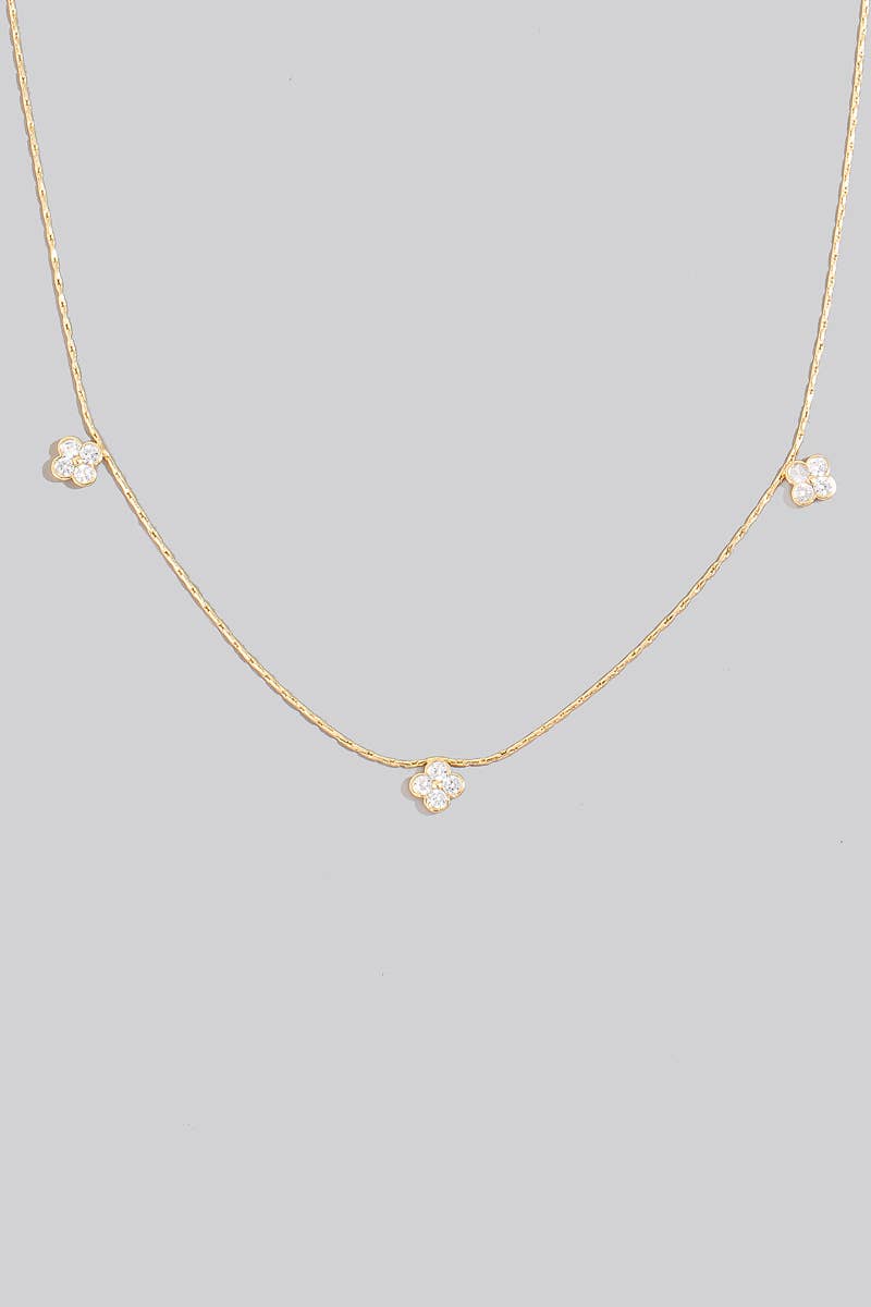 Mini Cz Studded Clover Charms Dainty Chain Necklace