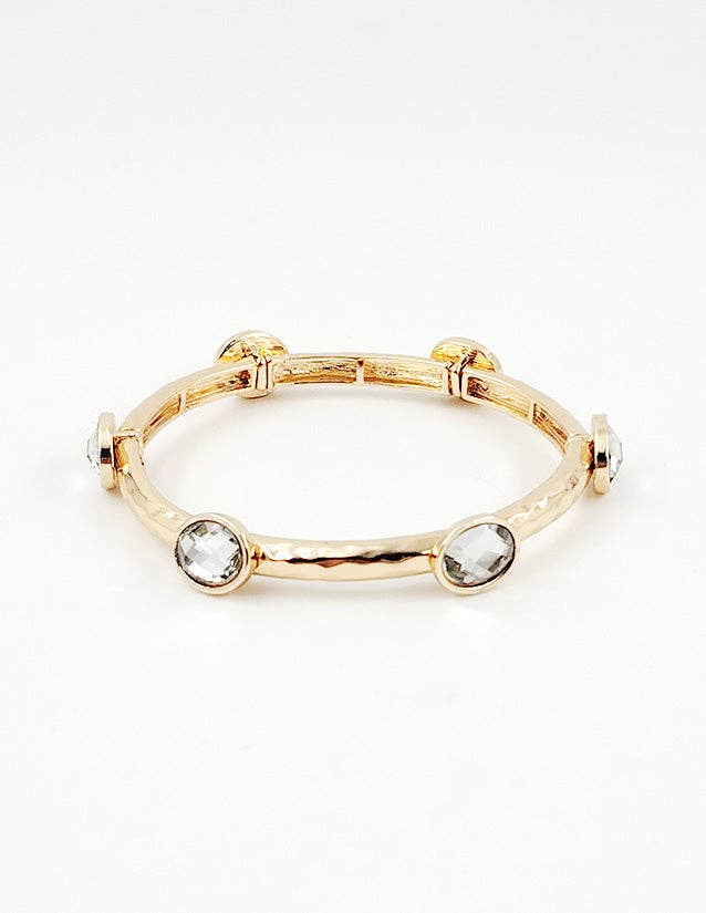 Hammered Gold Textured and Clear Stone Stretch Bracelet