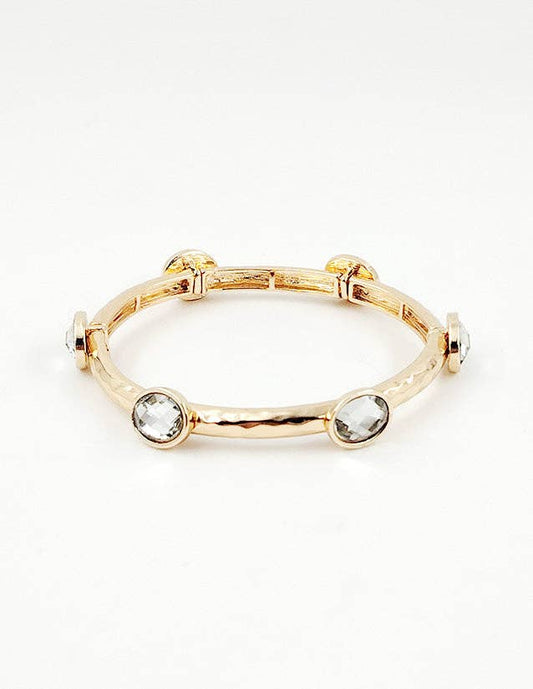 Hammered Gold Textured and Clear Stone Stretch Bracelet