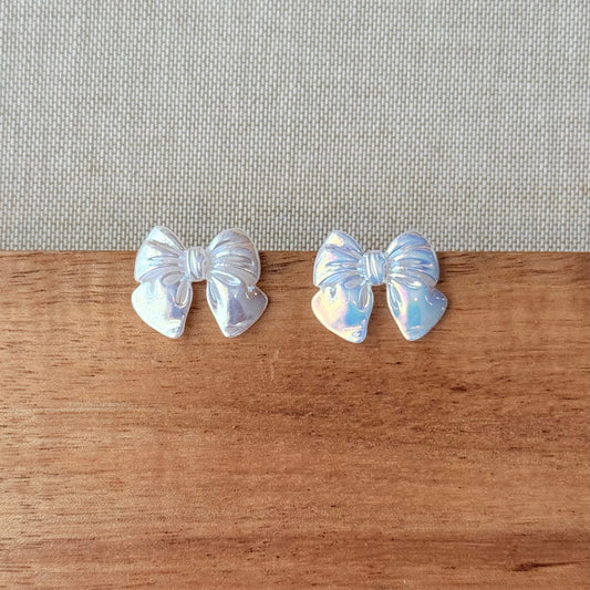 White Iridescent Bow Stud Earrings