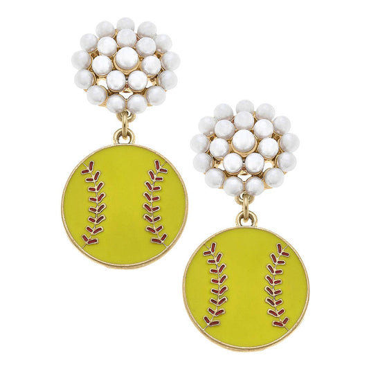 Softball Pearl Cluster Enamel Drop Earrings in Fluorescent