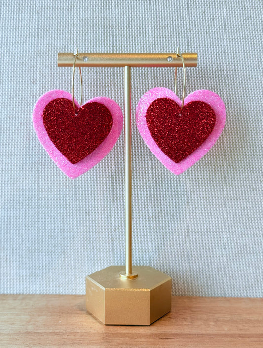 Pink & Red Glitter Heart Earrings