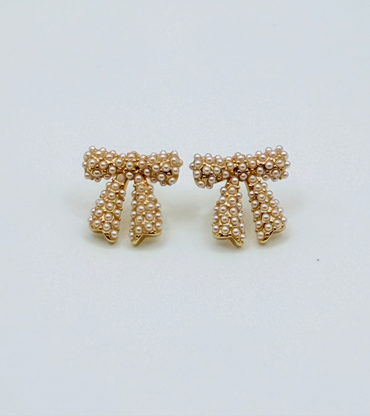 Small Pearl Ribbon Bow Stud Earrings