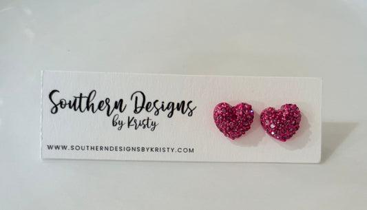 Pink Crystal Pave Heart Stud Earrings