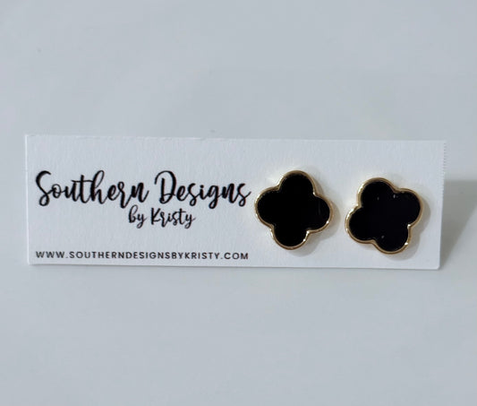 Gold Dipped Metal Trim Quatrefoil Stud Earrings