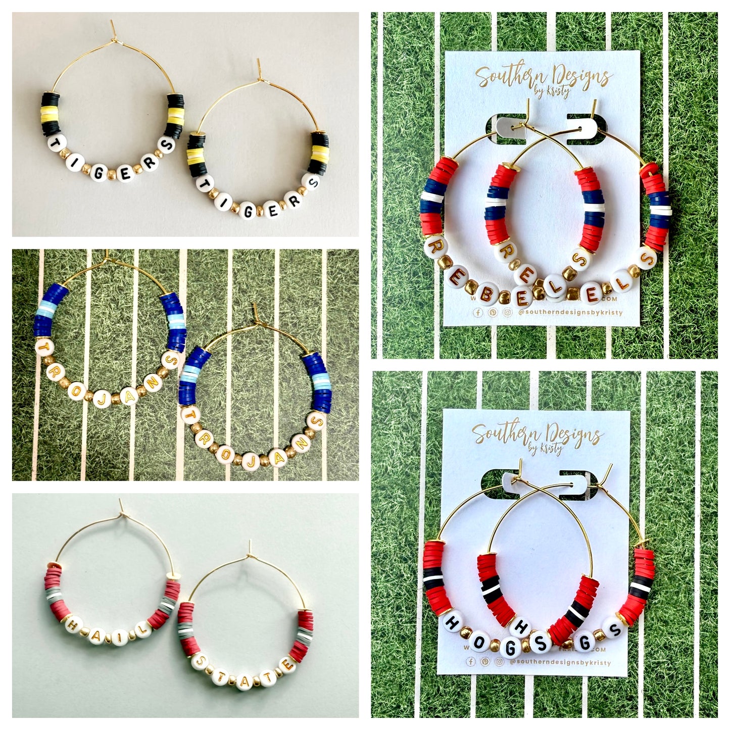 Collage of hoop earrings with letter beads on a green grid background