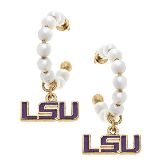 LSU Tigers Pearl Hoop Enamel Drop Earrings in Purple