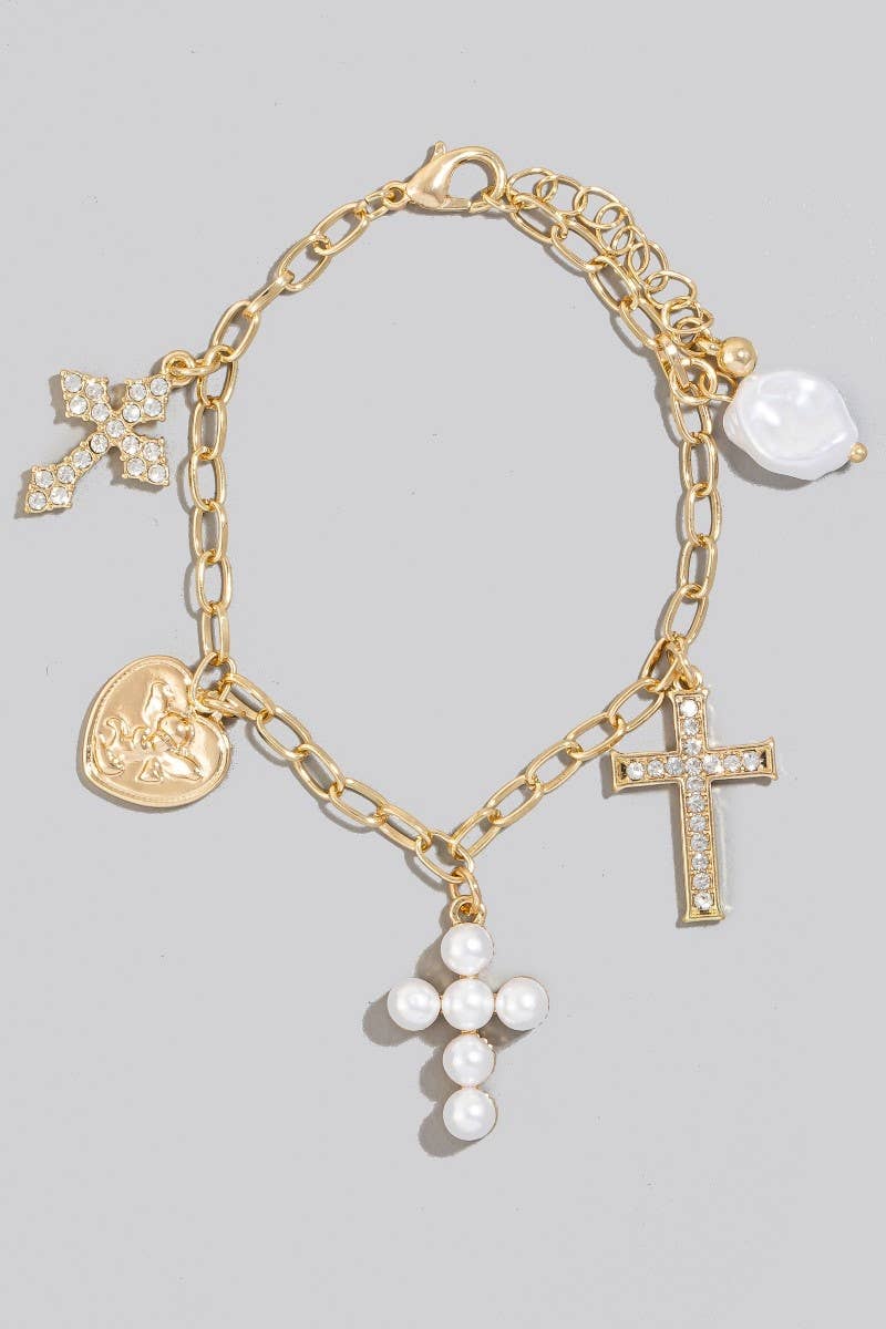 Mixed Pave Cross And Heart Charms Chain Bracelet