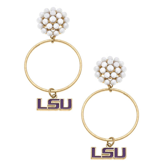 LSU Tigers Pearl Cluster Enamel Hoop Earrings in Purple