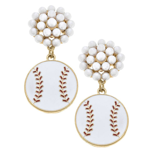 Baseball Pearl Cluster Enamel Drop Earrings in White & Red