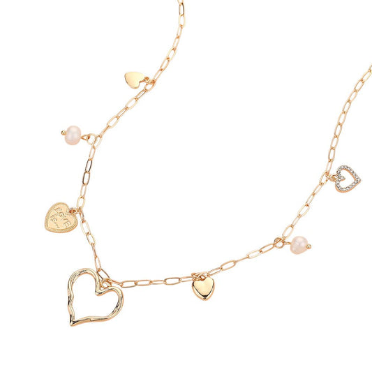 Heart Pearl Charm Station Necklace