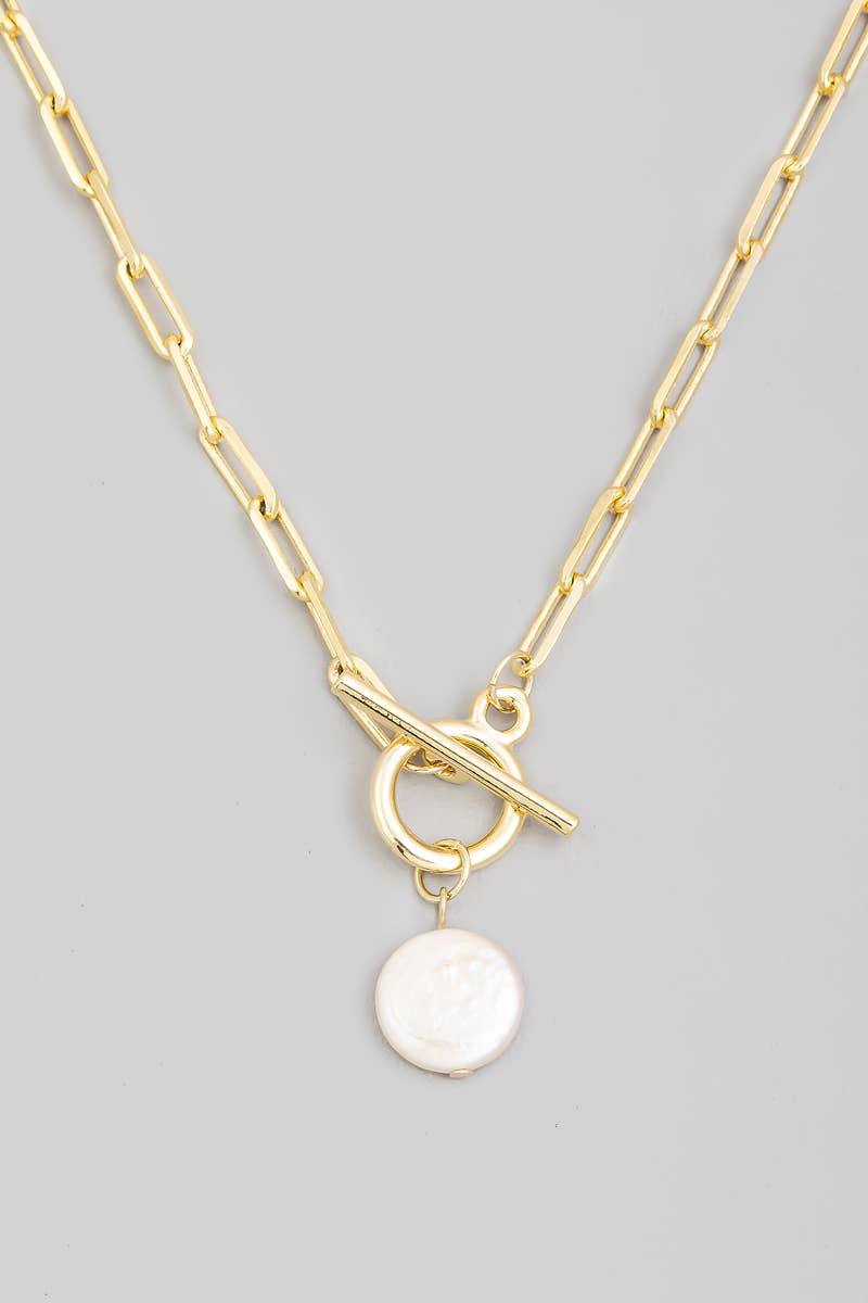 Toggle Chain Link Disc Pearl Charm Necklace