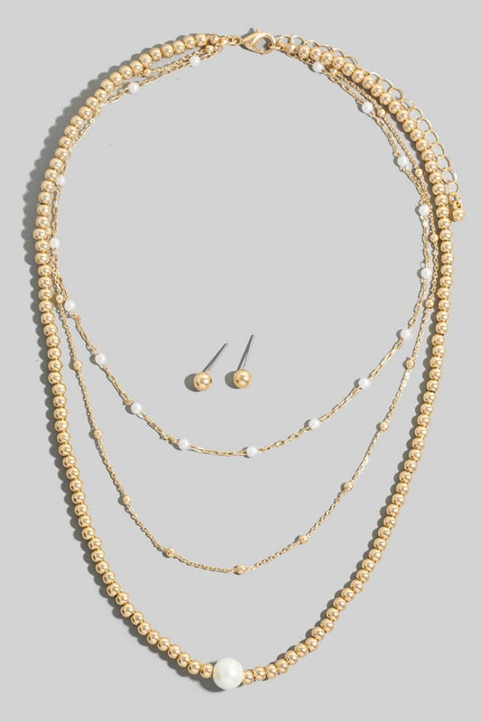 Metallic Beaded Pearl Station Beads Layered Necklace Set