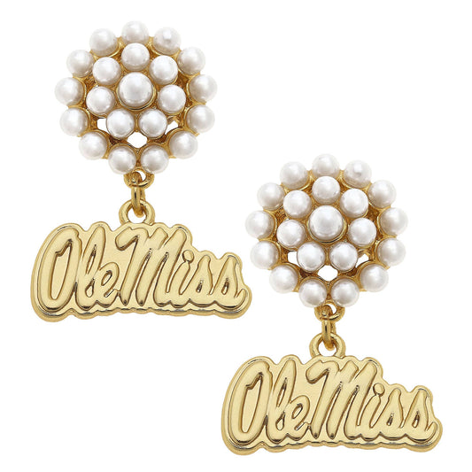 Ole Miss Rebels Pearl Cluster 24K Gold Plated Logo Earrings