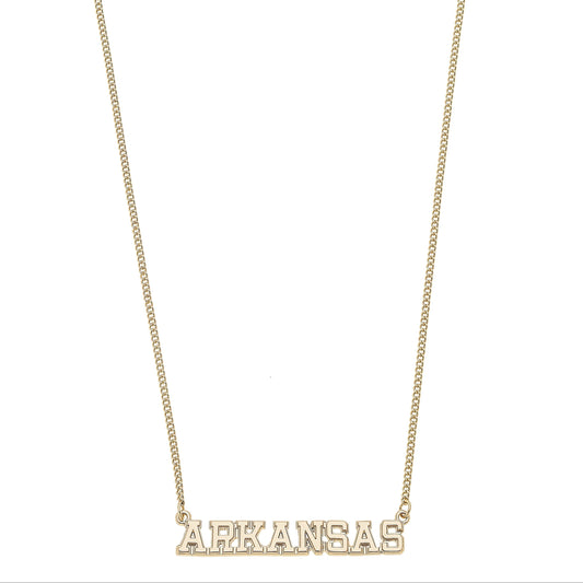 Arkansas Razorbacks Varsity Outline Necklace in Shiny Gold